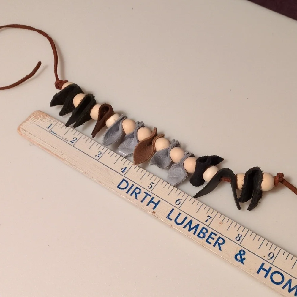 Handmade Genuine Leather Natural Wood Necklace Choker Bracelet Black #09 - Picture 10 of 11